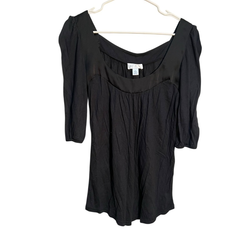 Loft Women's Size Small Square Neck Blouse‎ Puff Sleeve Black Satin Trim Modal